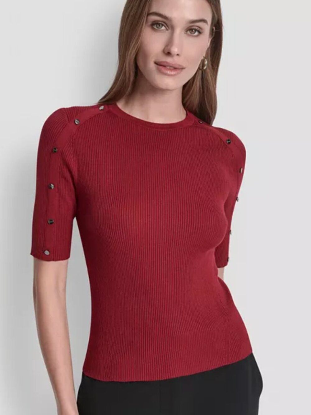 DKNY Knit Crew Neck Button Detail Short Sleeve Top, Color: Merlot, size: XS